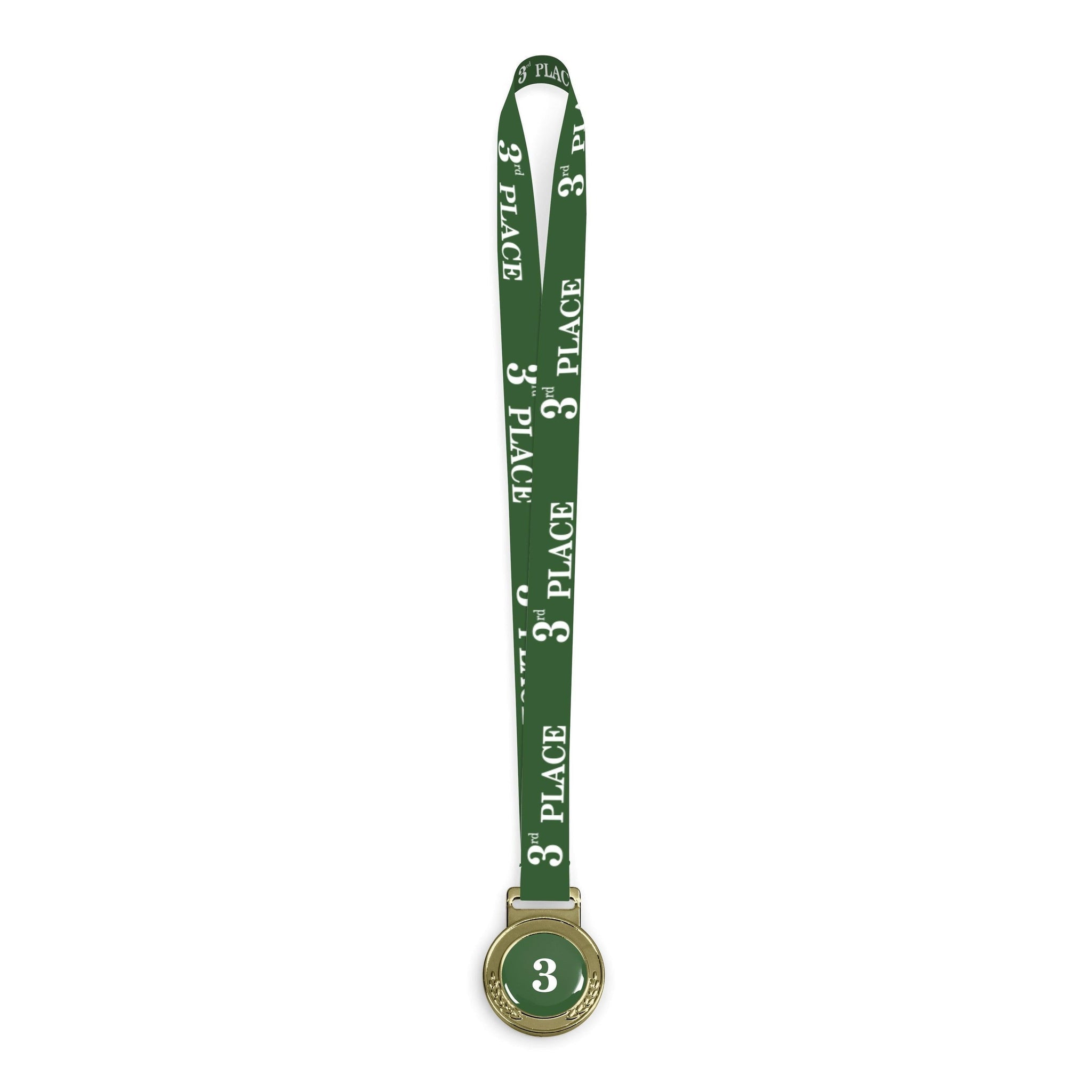 A fully branded bronze medal award attached to a dark green customized satin lanyard with white text. The number 3 is printed on the medal