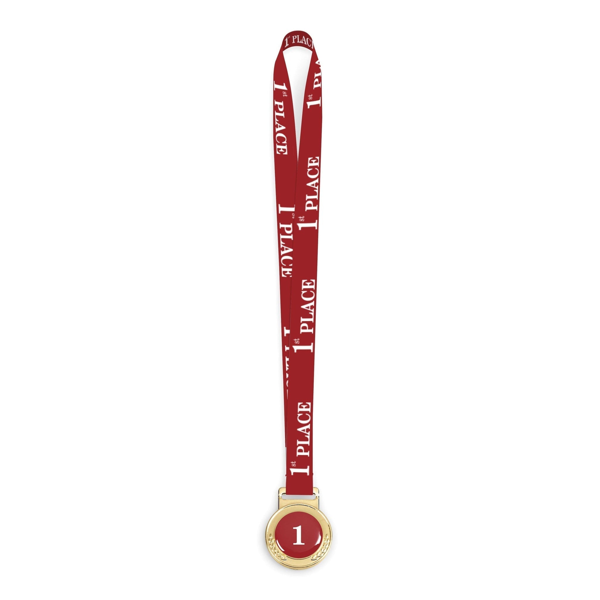 A fully branded gold medal award attached to a red customized satin lanyard with white text, First Place Written on it. The number 1 is printed on the medal.
