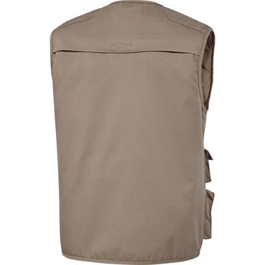 A beige work vest, sleeveless jacket or gilet. Shows the back profile of the jacket. Pockets are not visible in this image,