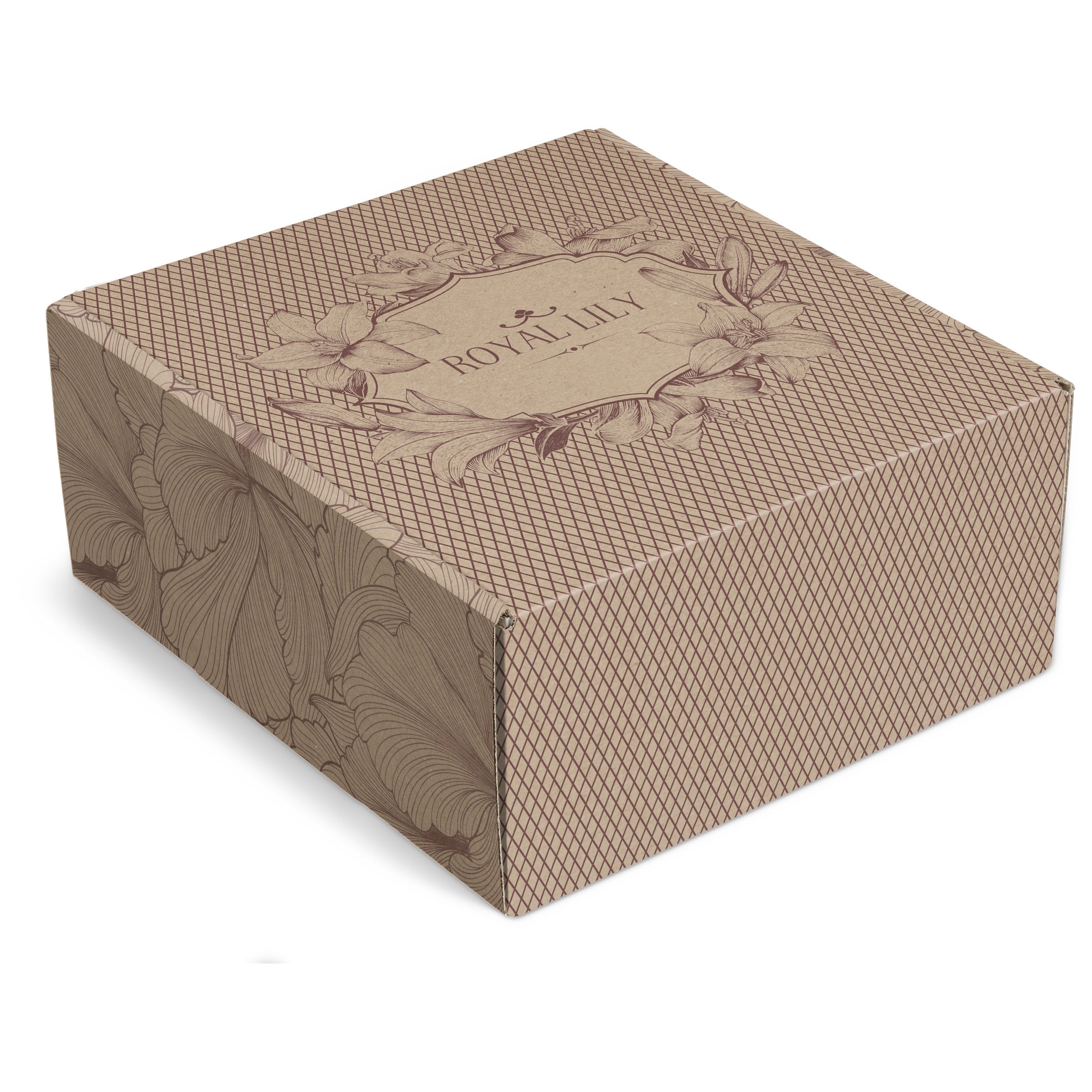Corrugated cardboard gift box shown in a closed position and custom branded.
