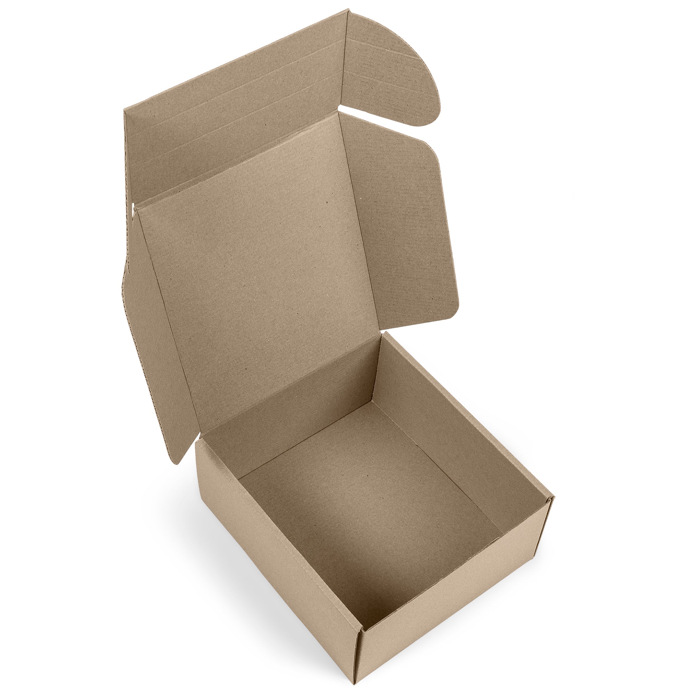 Corrugated cardboard gift box shown in an open position and unbranded..