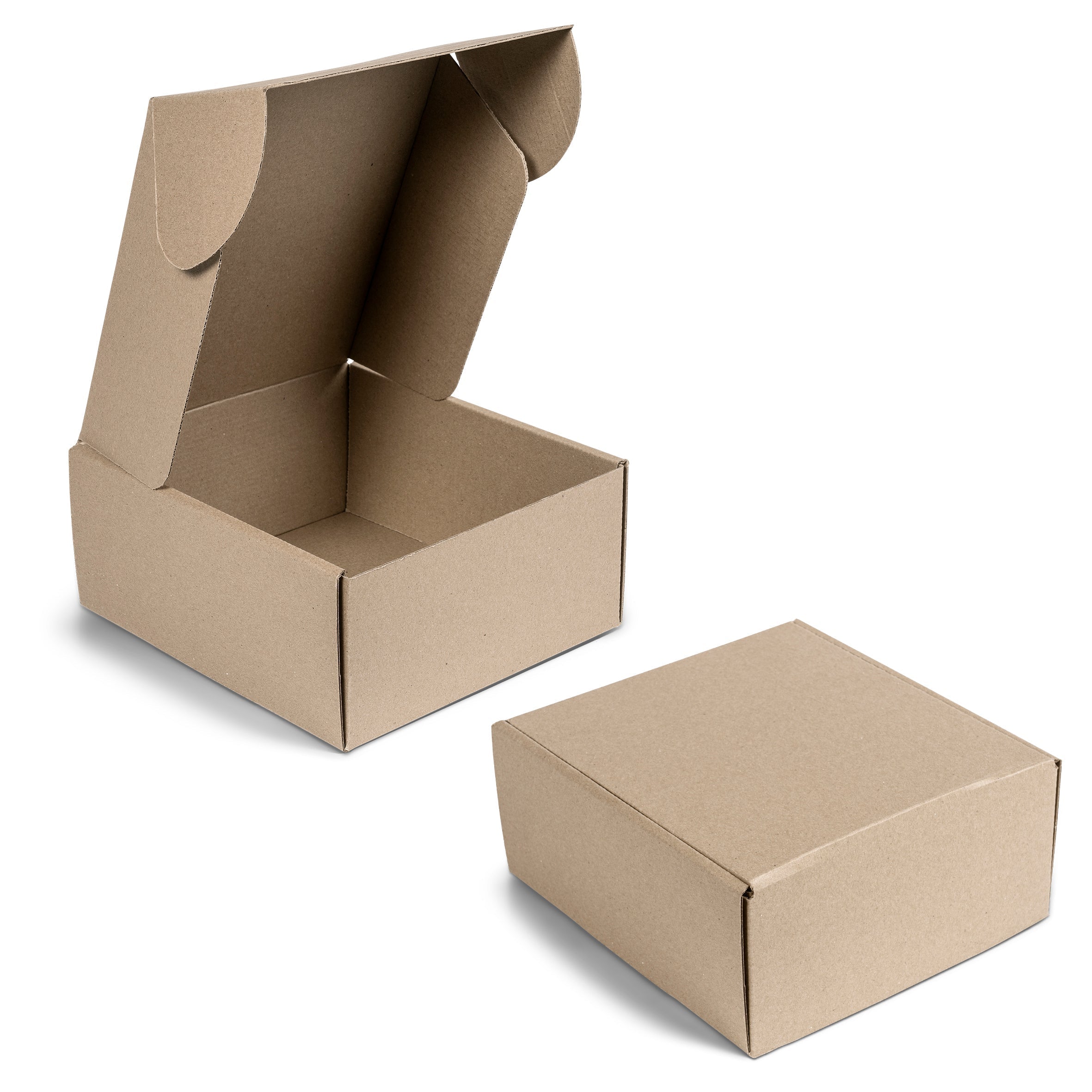 Unbranded corrugated cardboard gift boxes shown in closed and open open positions unbranded.