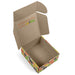 Corrugated cardboard gift box shown in an open position and custom branded.