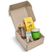 An example of a corrugated gift box with example products, box unbranded and gift-box filler