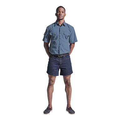 Male model wearing denim shorts facing forward