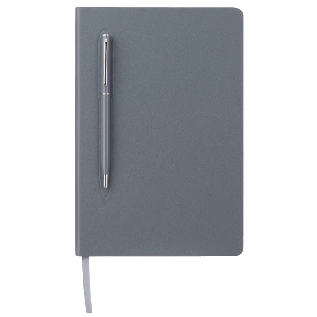 Grey notebook with a grey ballpoint pen