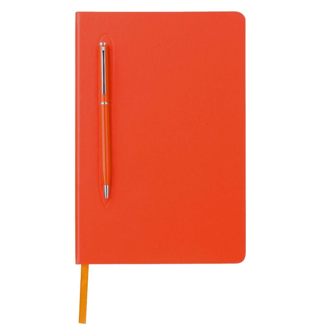 Orange notebook with an orange ballpoint pen