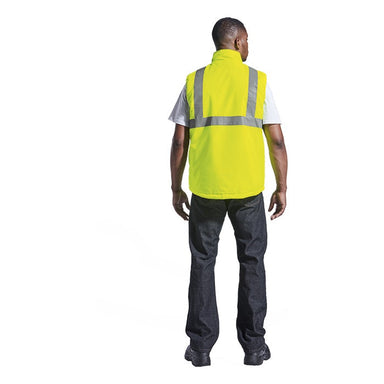 A man showing the back side of a high visibility reflective bodywarmer or sleeveless jacket