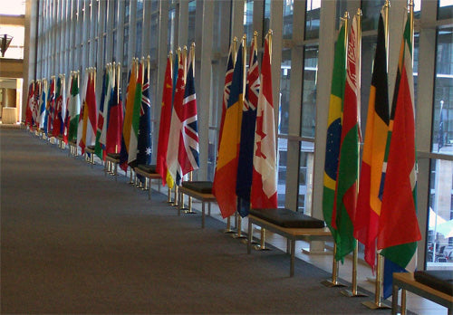 A collection of flags at an international summit