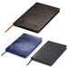 A set of faux leather notebooks showing the three colours available, brown, navy and black. Each notebook has a cloth marker showing through from the bottom of each book