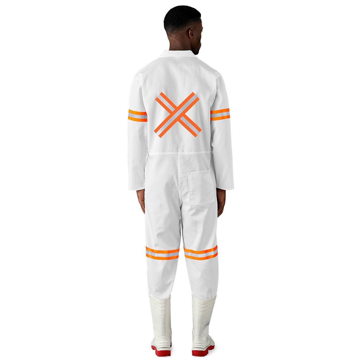 Safety Polycotton Boiler Suit - Reflective Arms Legs & Back - Orange Tape-32-White-W