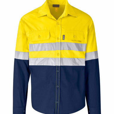 This is a long sleeved reflective work shirt with a yellow reflective top portion and a navy bottom portion. Grey reflective stripes are show on the front and arms of the shirt.