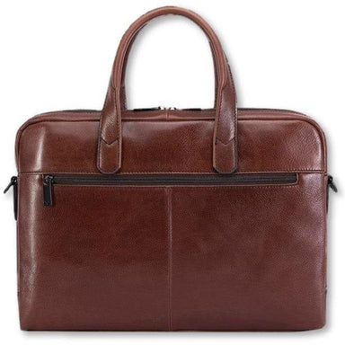 Side view of brown leather briefcase