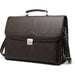 Brown leather brief case with silver closure and shoulder carry strap