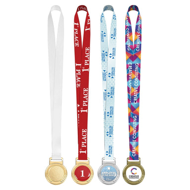 Four medal award examples including gold, silver and bronze fully branded with one unbranded version