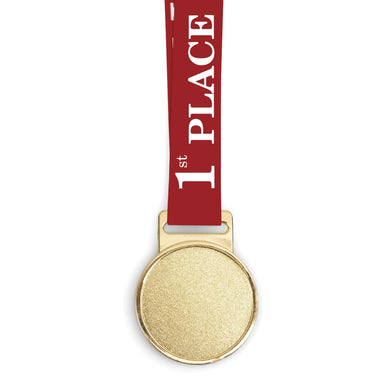Close up of a plain gold medal attached to a red satin lanyard with white text on it.