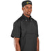 Male model wearing a black chef hat or beanie with black chef gear on.