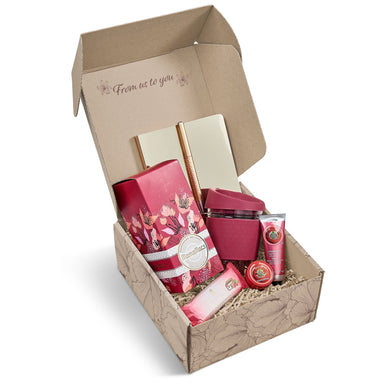 An example of a corrugated gift box with example products, box branding and gift-box filler