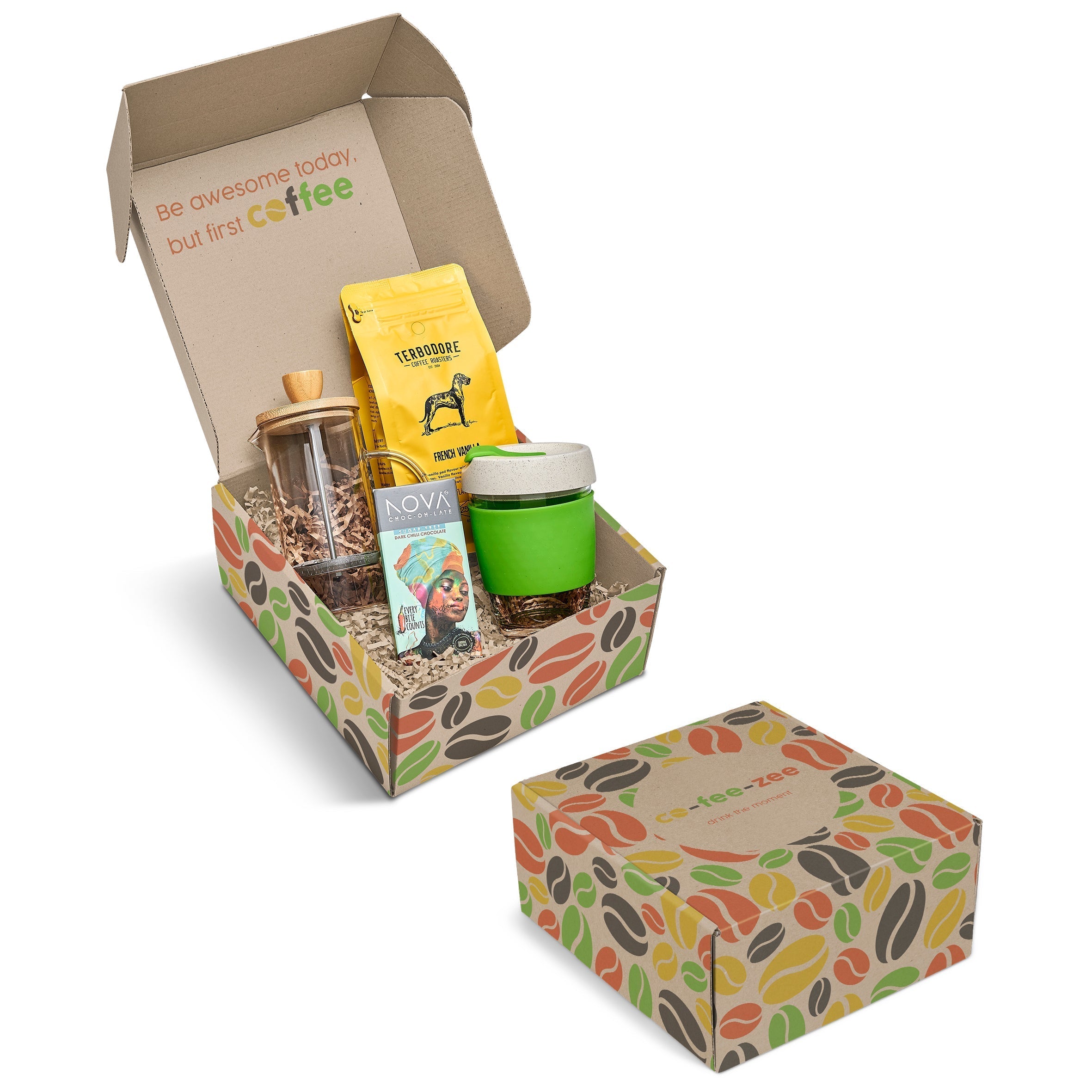 An example of a corrugated gift box with example products, box branding and gift-box filler. It is shown in open and closed positions.