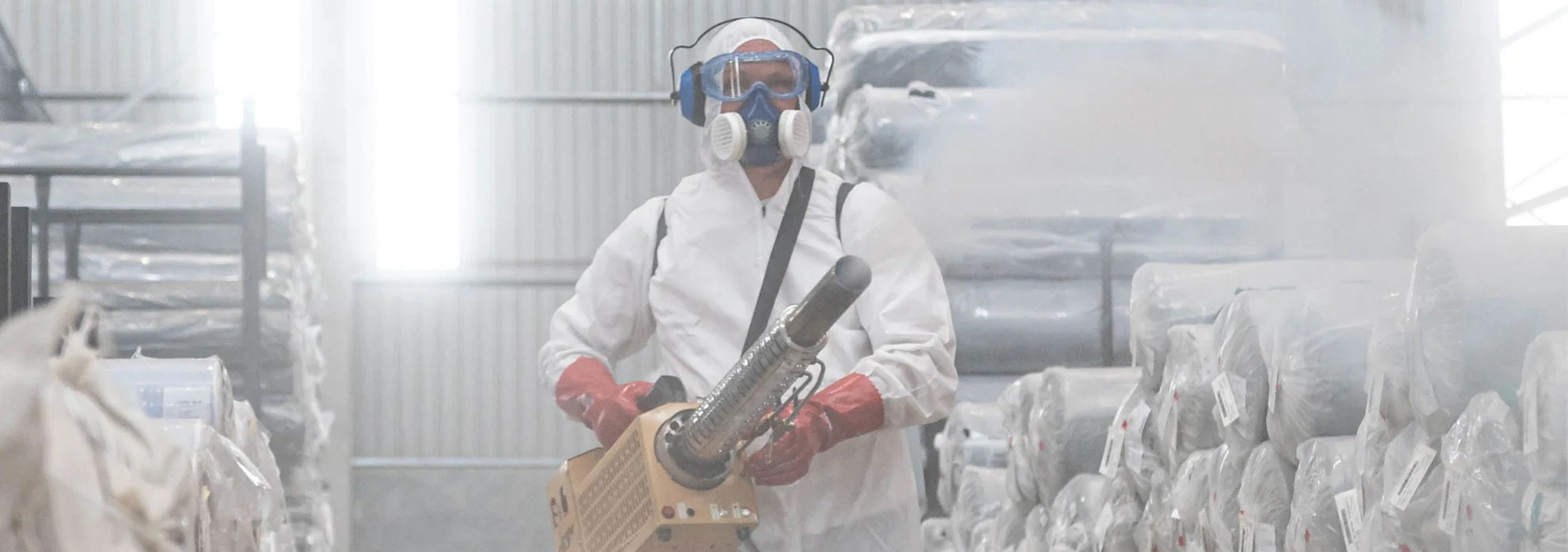 Man in a protective white suite with a dust mask and holding a blower