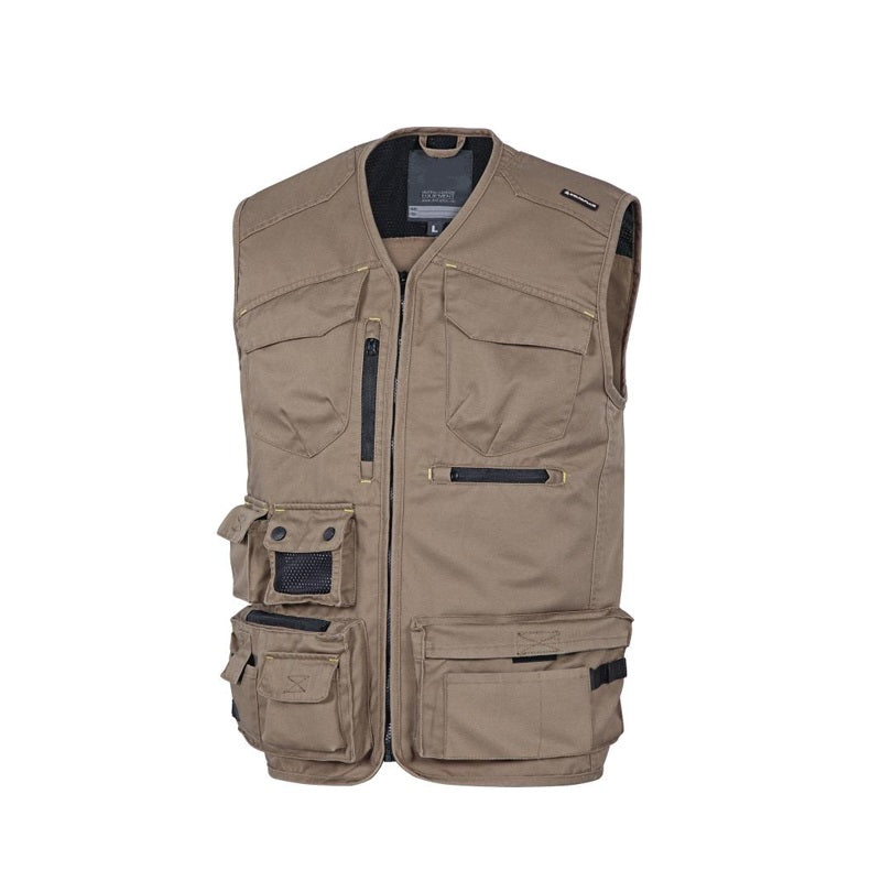 A multi-pocketed beige work vest, sleeveless jacket or gilet. Shows the front profile of the jacket.