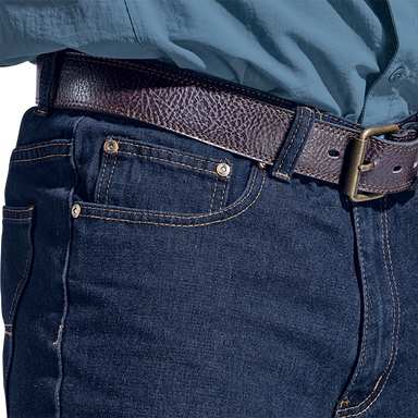 Detail of blue denim shorts showing belt placement