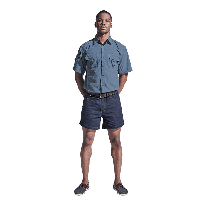 Male model wearing denim shorts facing forward