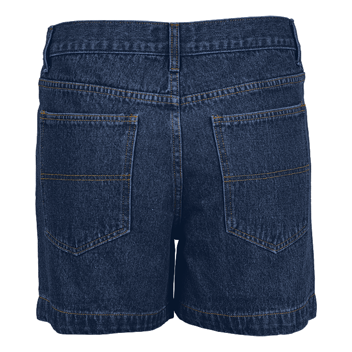 Back view of blue denim shorts.
