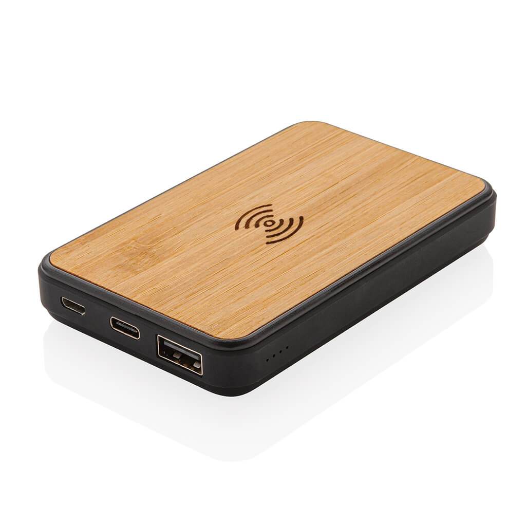 Bamboo Anti-microbial Wireless Powerbank showing ports