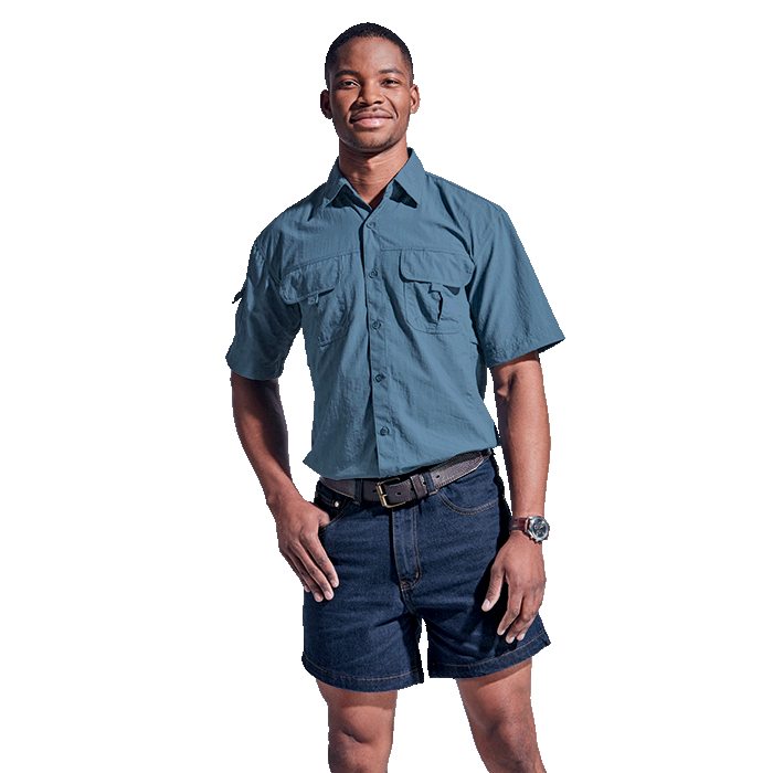 Model presenting front view of blue denim shorts