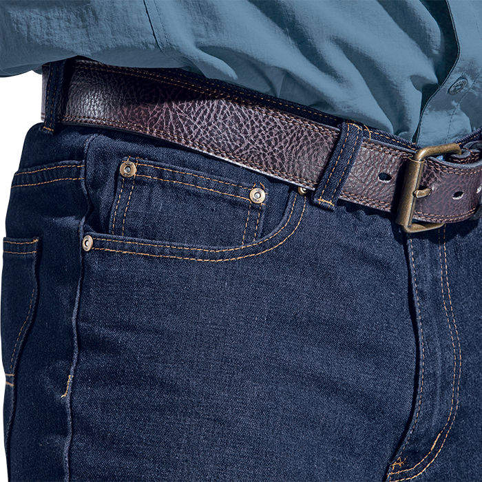 Detail of blue denim shorts showing belt placement