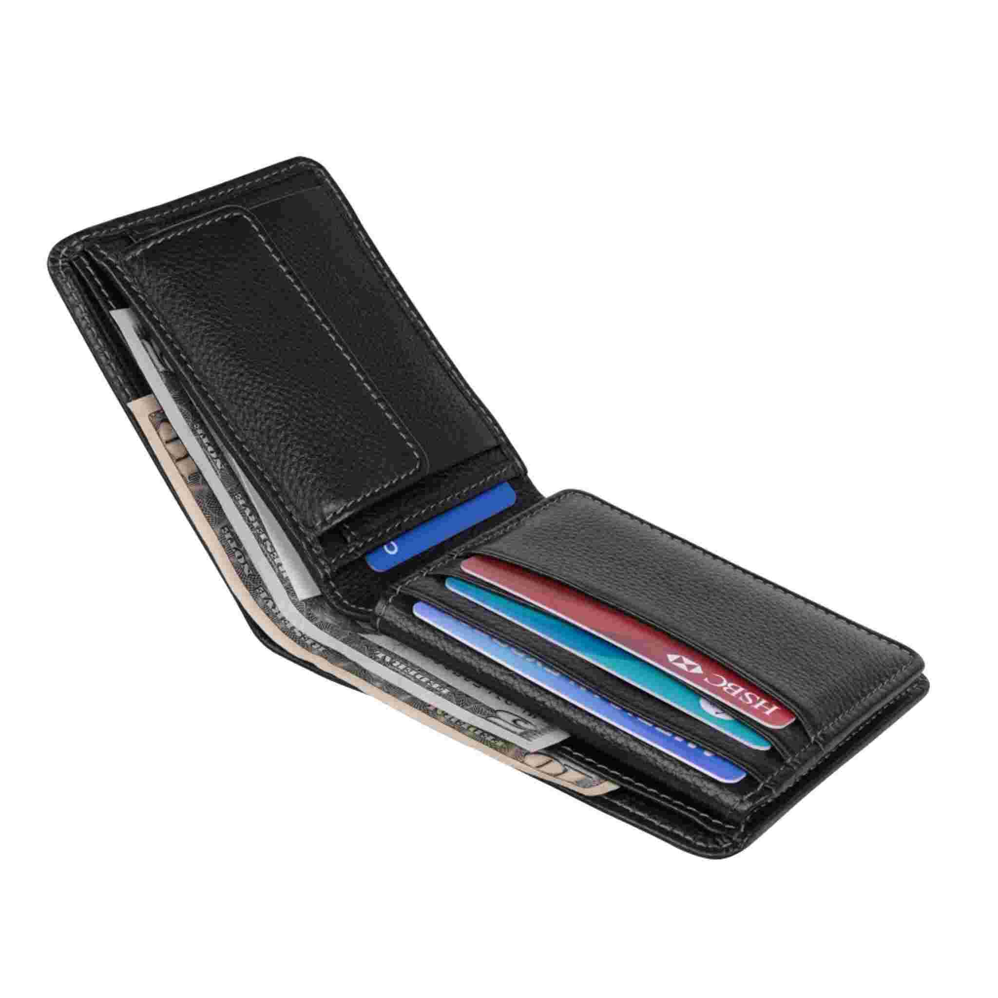 Open black wallet showing cash section and card holders with sample cards and cash