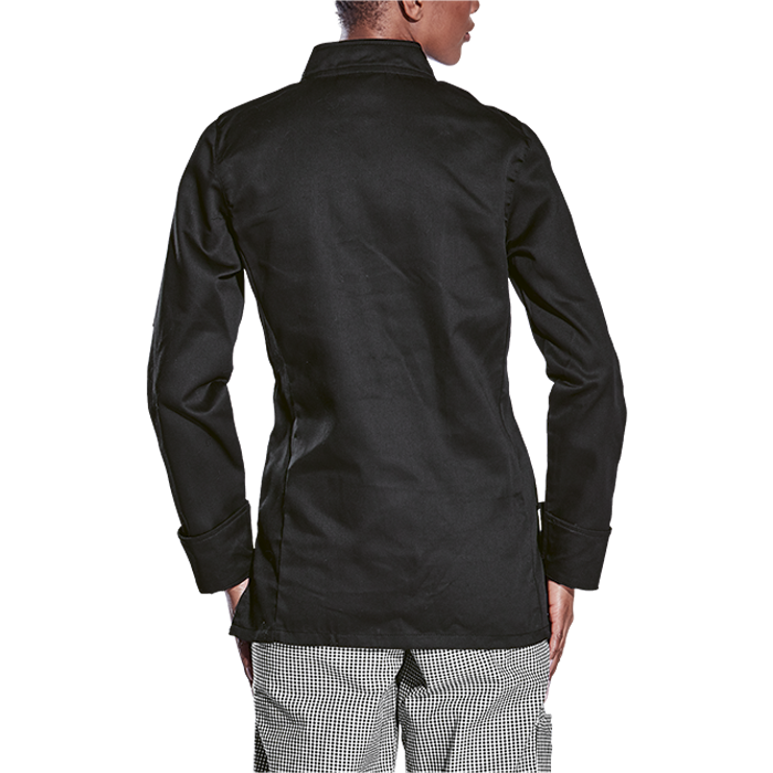 Model showing Back view of a black ladies long sleeved chef jacket from Custom Brands