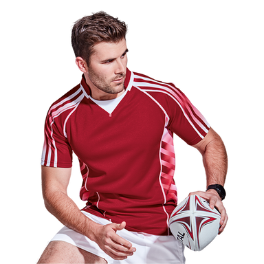 Rugby player in action with a rugby ball and wearing a red rugby shirt.