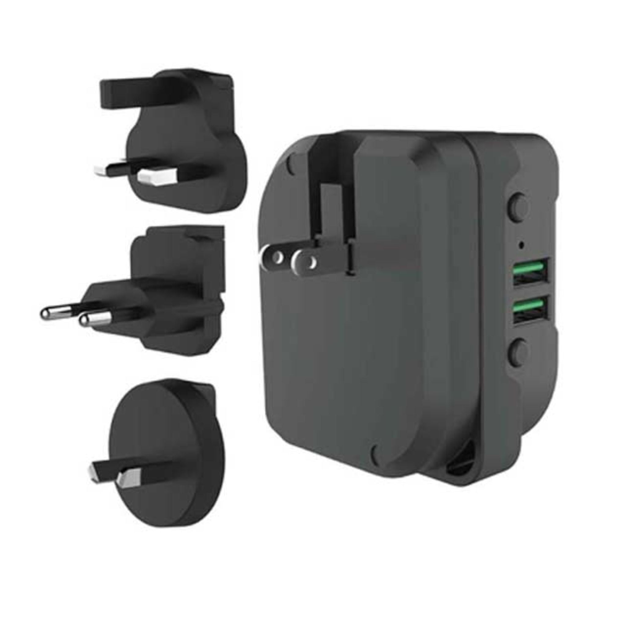 All-in-one Travel Adapter, Bluetooth-Speaker & Powerbank Showing Various adaptation plugs