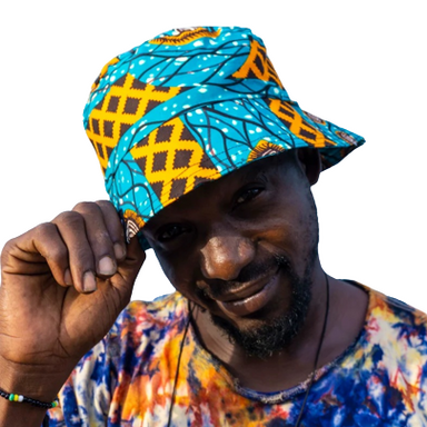 Male model wearing a custom made colourful bucket hat