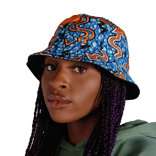 Female model wearing a custom made colourful bucket hat