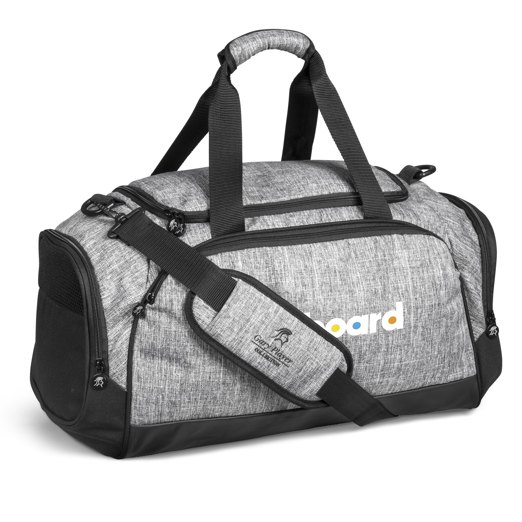 Branded grey duffel bag