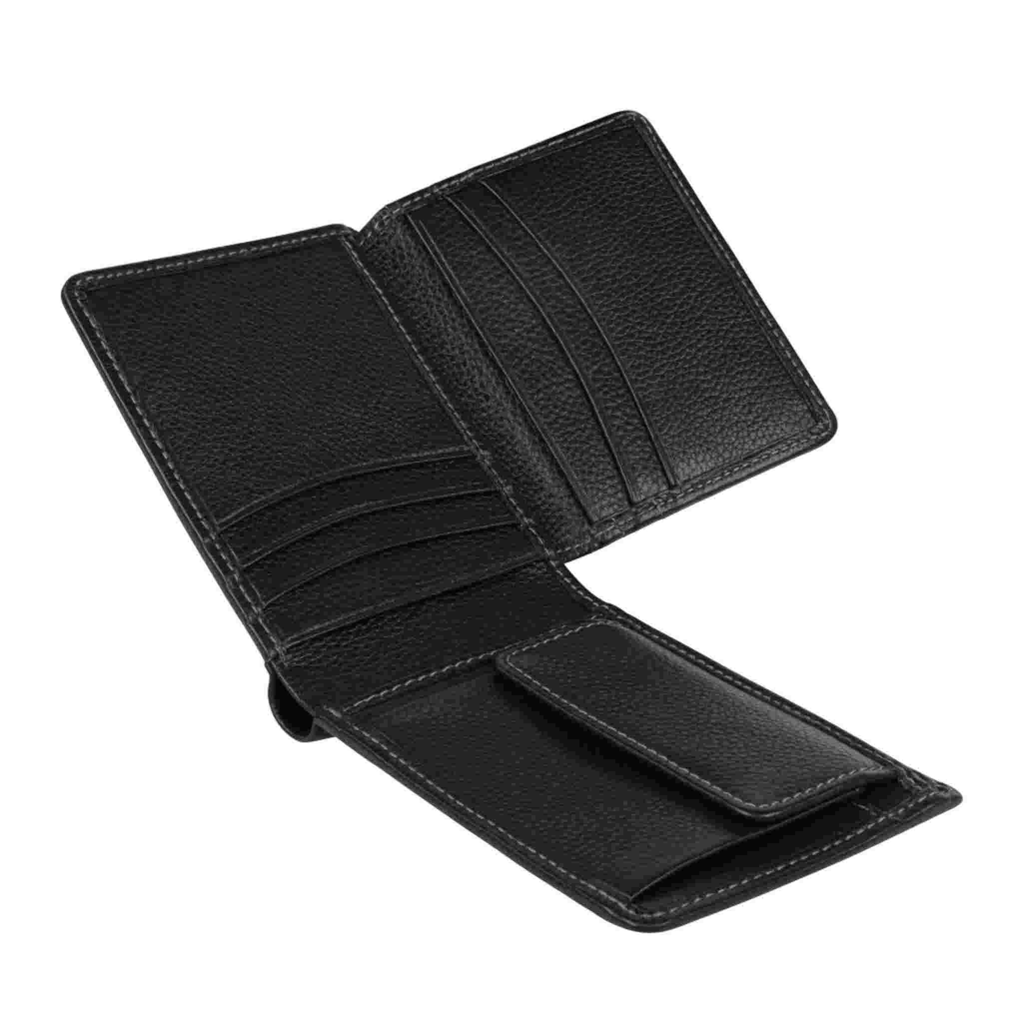 Open black wallet showing cash section and card holders