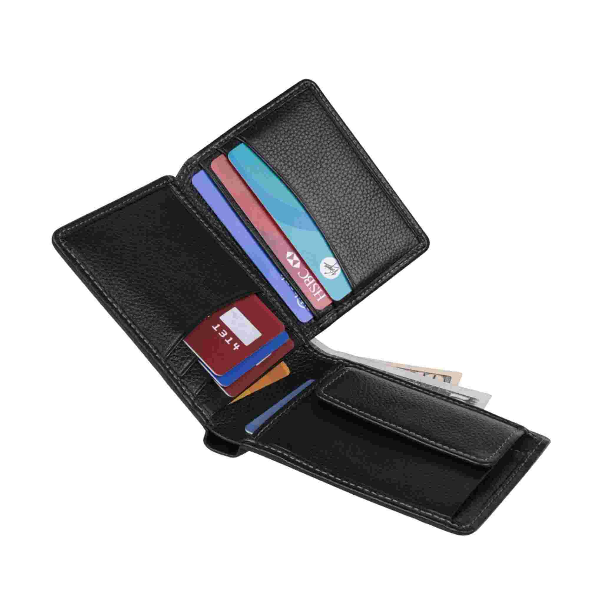 Black open leather wallet with edge stitching