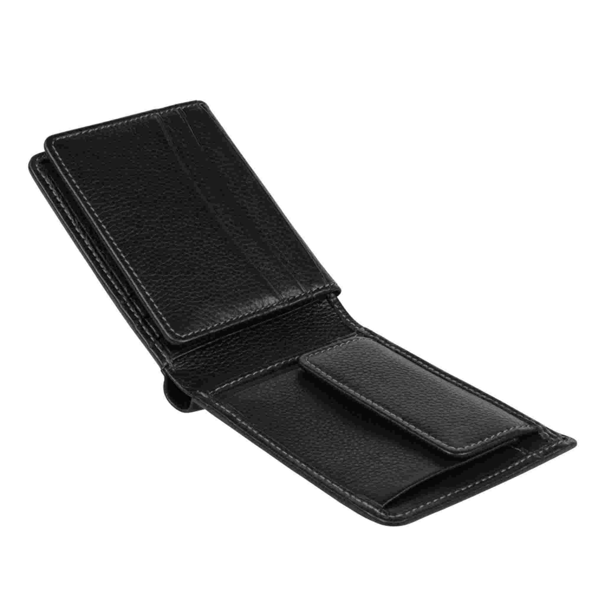 Open empty black wallet showing cash section and card holders