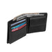 Open black wallet showing cash section and card holders with sample cards and cash