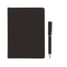 Front view of a black notebook with a black pen beside it