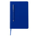 Blue notebook with a blue ballpoint pen