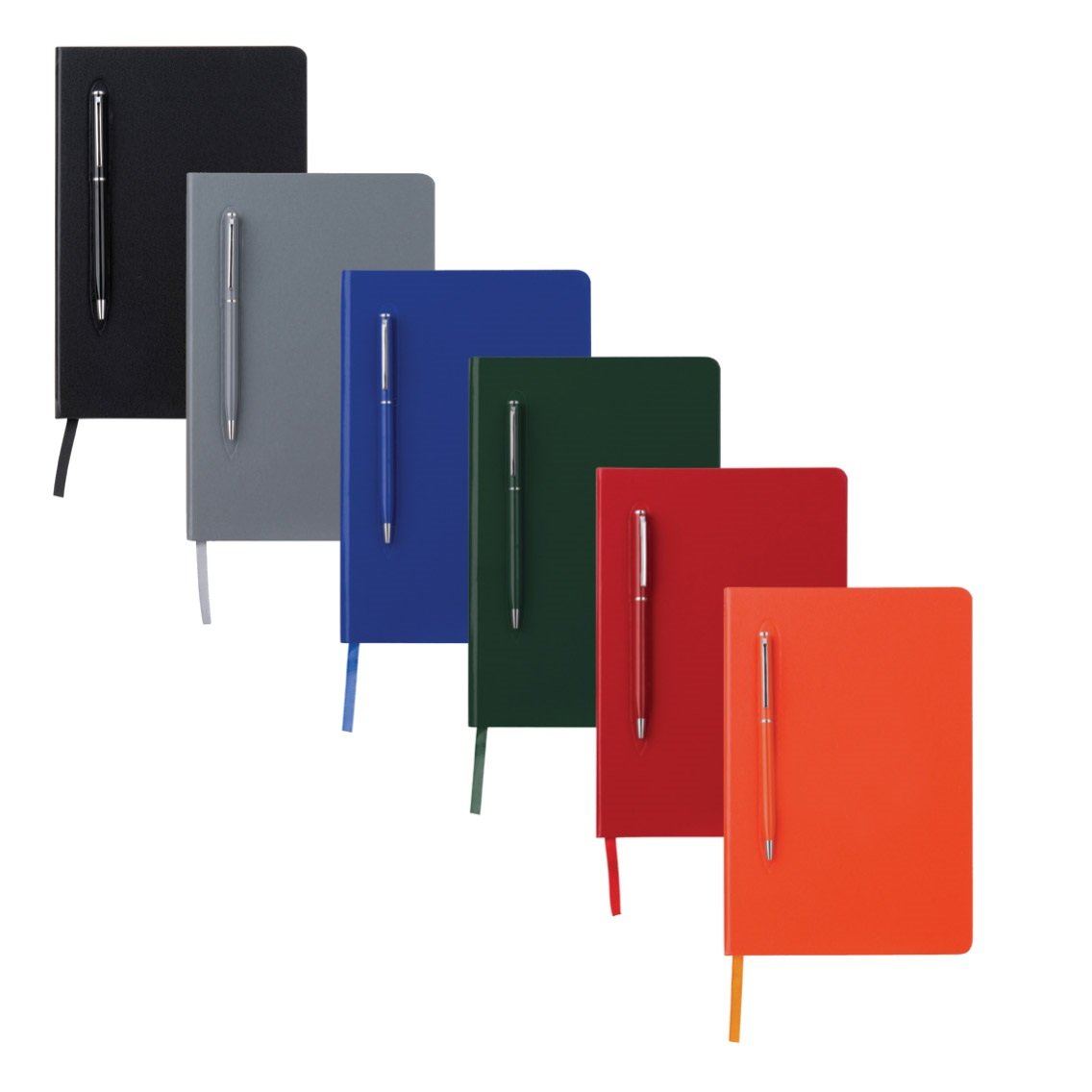 Six sets of notebooks and ballpoint pens in the various colour options
