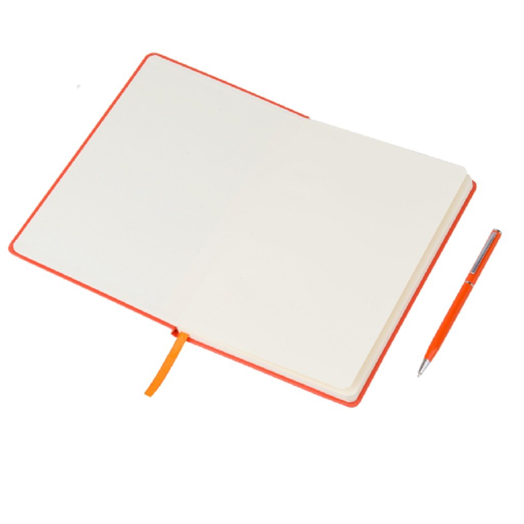 Open orange notebook with an orange ballpoint pen beside it