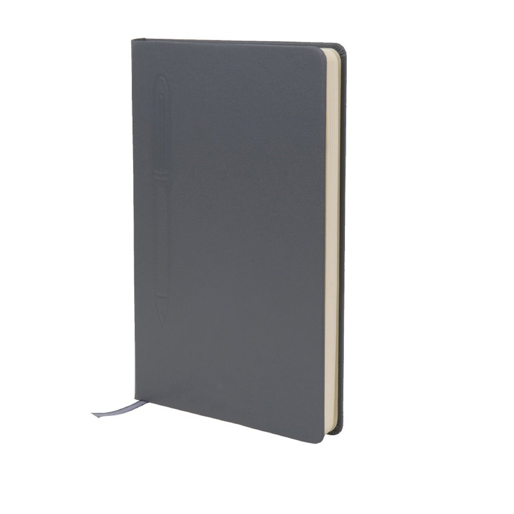 Grey notebook shown upright
