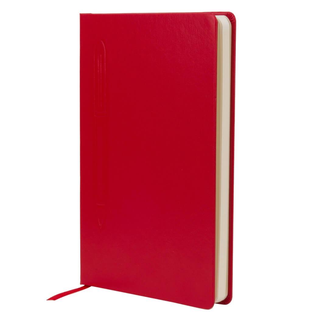 Red notebook front view showing page edges and bookmark