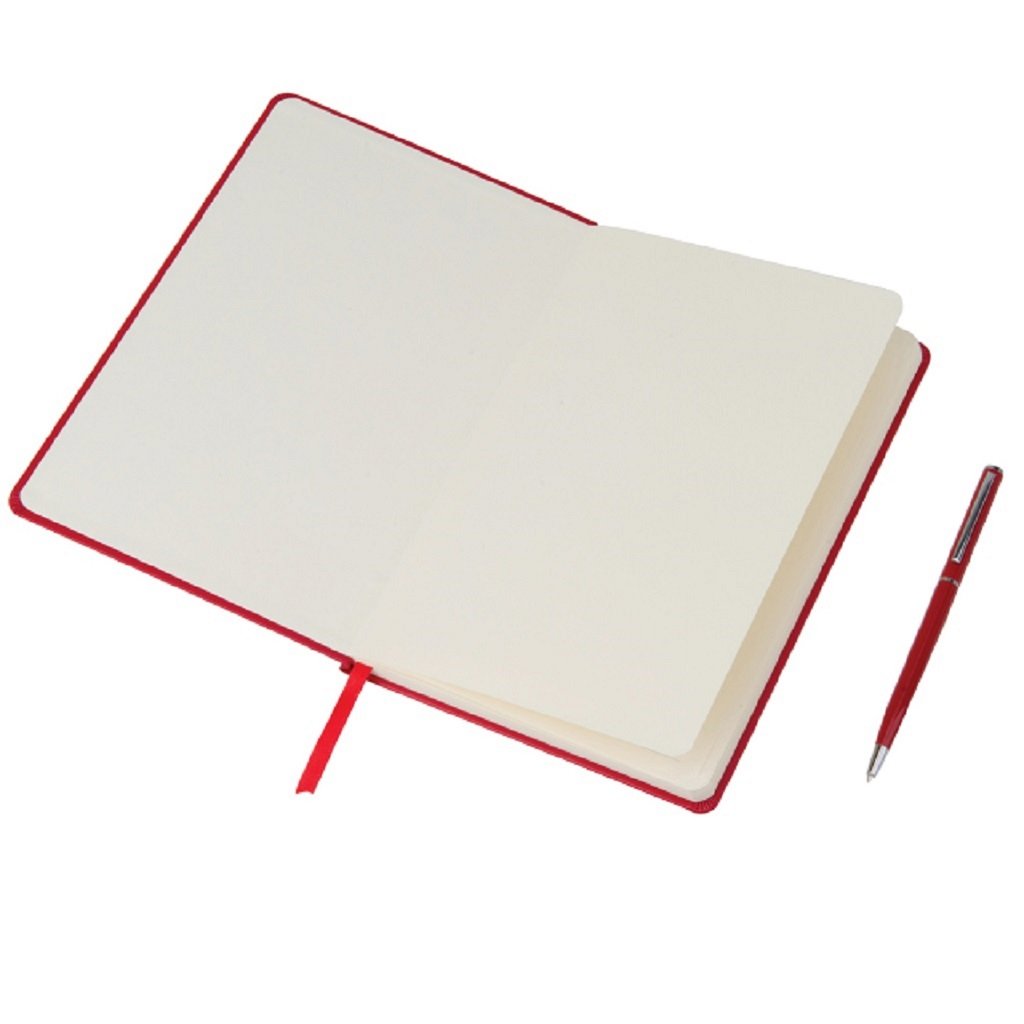 Red notebook opened with a red ballpoint pen beside it