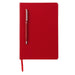 Red notebook front view with a red ballpoint pen